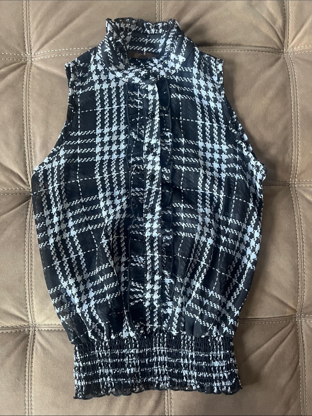 Lovely Day Black & White Plaid Ruffle-Front Sleeveless Sheer blouse